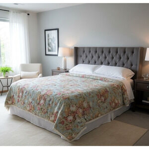 Waverly Linen Blend Reversible Comforter Floral Striped Full/Queen Sage Tones